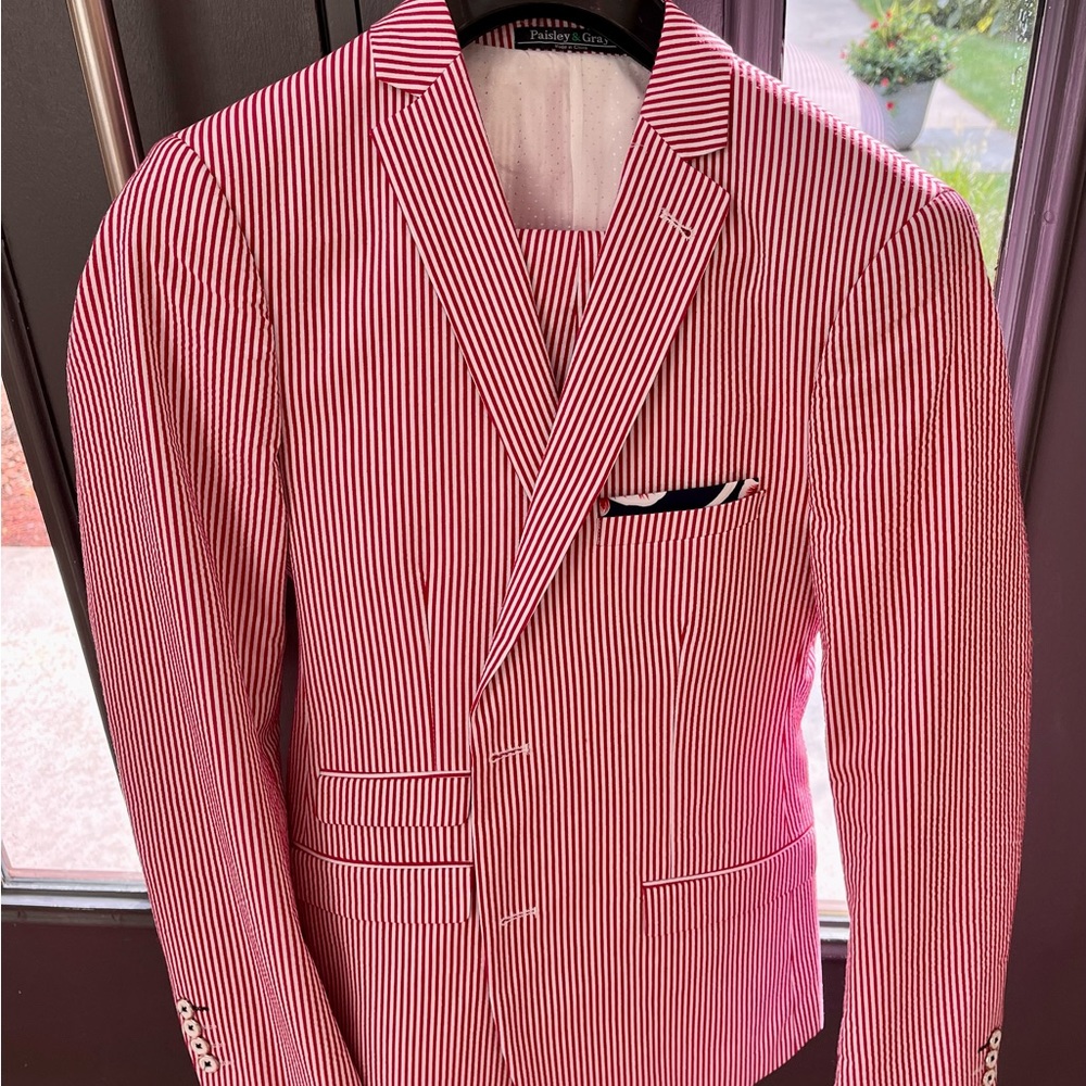 Men’s Warehouse Paisley & Gray Red/White pinstripe suit.